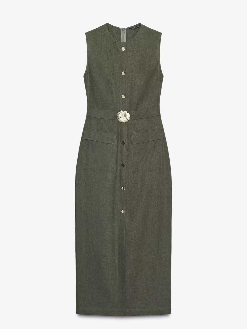 Zara Olive Green Sleeveless Button Front Maxi Dress Gold Buckle Size L